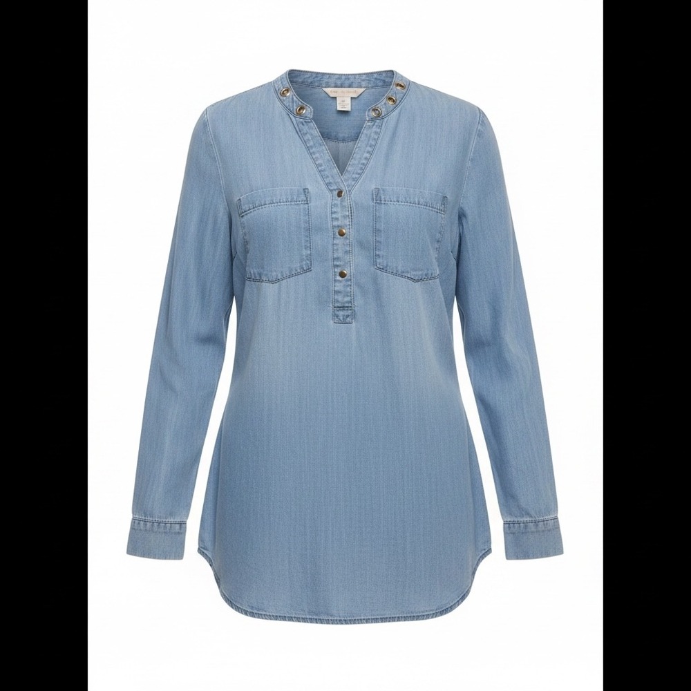 Chicos Women Light Wash Tencel Denim Tunic Grommet Neck Top 0 (S4 -6) 570256677